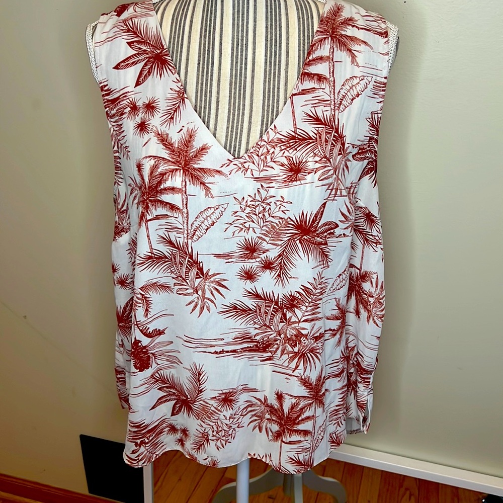 Primark Womens Sleeveless Top Brown Ivory Hawaiian Floral V Neck Size 14